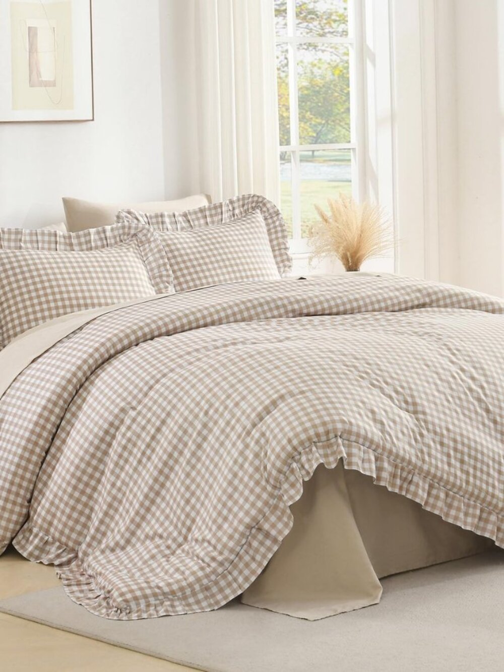 Tan Gingham Ruffle Comforter Full, 3 Pieces Vintage Bedding